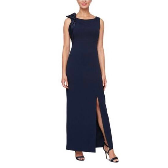 NWT SLNY Size 10P Navy Blue Slit Bow Accent Unlined Sleeveless Formal Gown Dress - Picture 1 of 7
